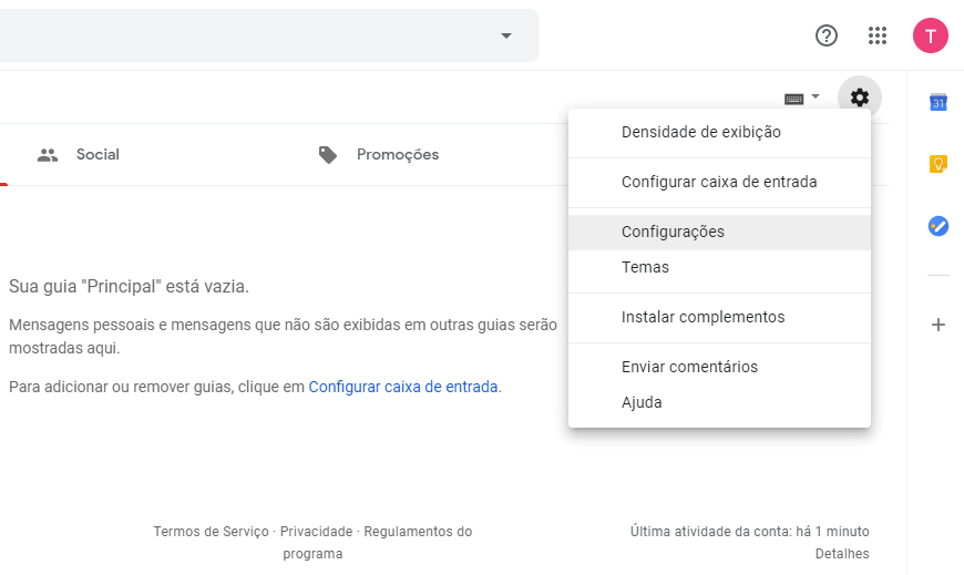 Configurações no Gmail